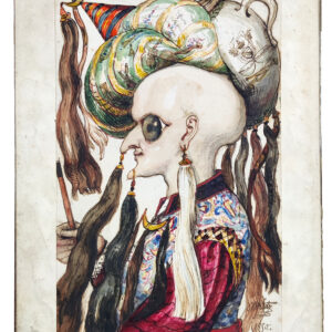 Das Bild zeigt eine Karikatur von Ernst Benedikt Kietz, in der Richard Wagner als Wesir im Profil dargestellt wird mit einem Turban. Das Bild entstand auf einer Reise Richard Wagners in den Orient zur Selbstfindung.