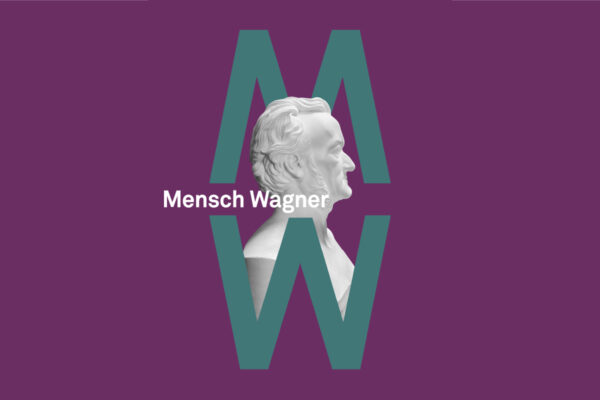 Plakat zur Ausstellung "Mensch Wagner". man sieht eine Wagner-Büste und die Großbuchstaben M, W.