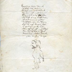 Das Bild zeigt ein an den Rändern vergilbtes Blatt Papier, auf dem ein Gedicht sowie ein gezeichnetes Selbstportrait Wagners zu sahen ist.